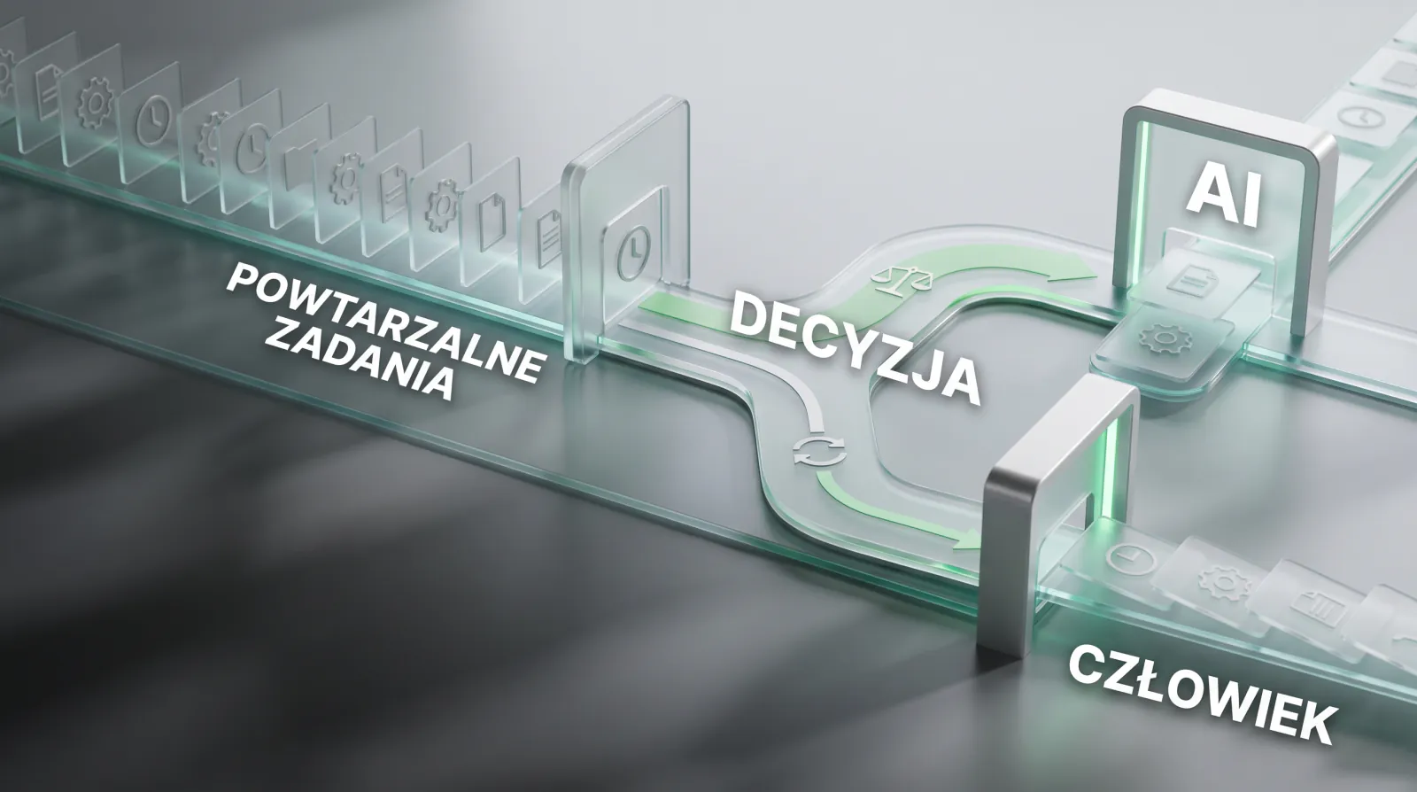 Szklana taśma z kartami powtarzalnych zadań rozdziela się przy napisie Decyzja na dwie ścieżki: do bramki AI i do bramki Człowiek