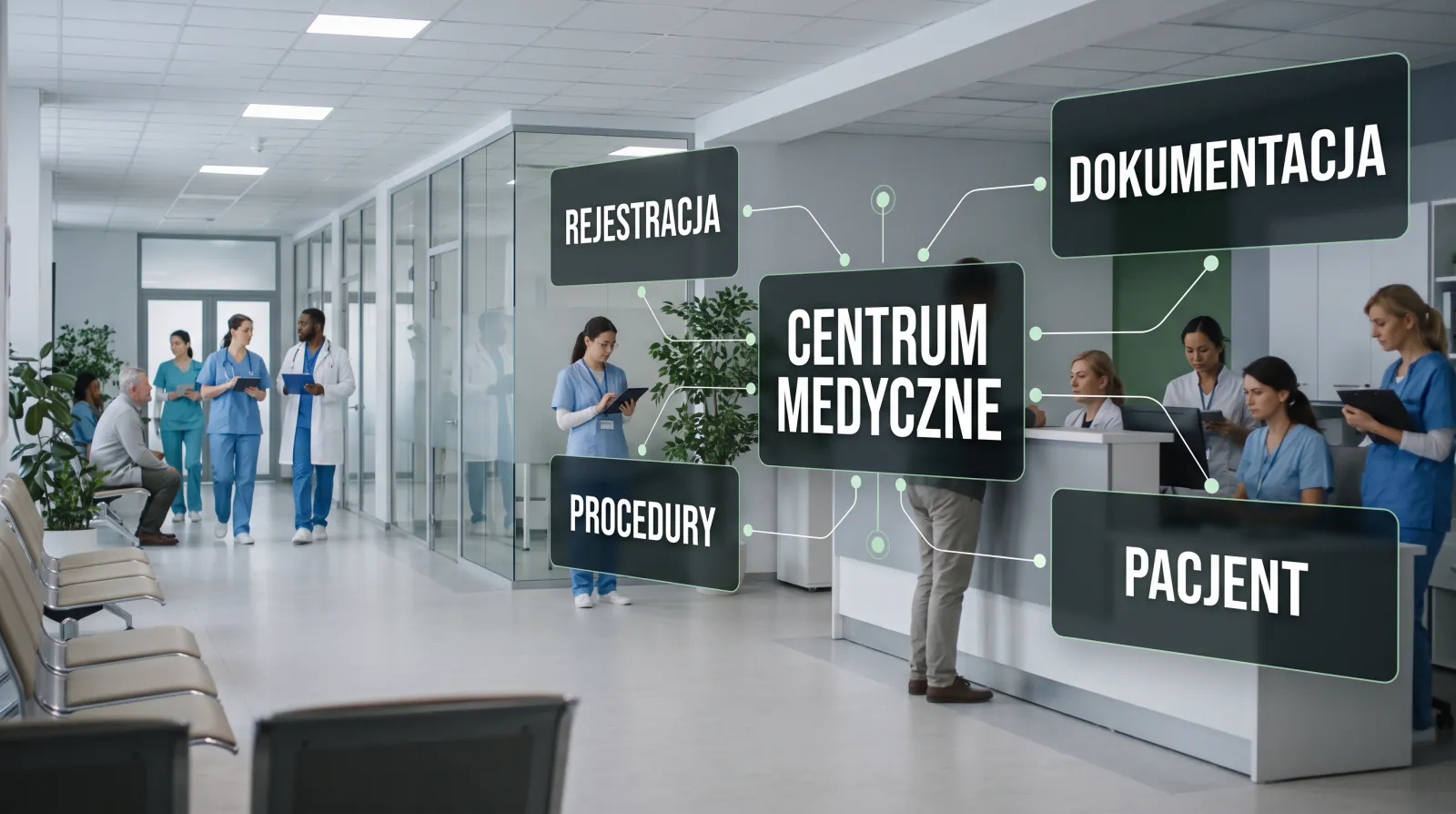 Poczekalnia i rejestracja przychodni z personelem i pacjentami, nad nimi panele Rejestracja, Dokumentacja, Procedury i Pacjent połączone z panelem Centrum medyczne
