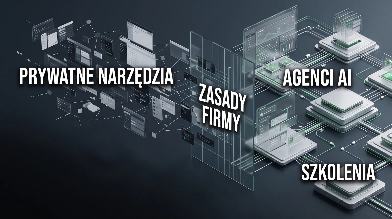 Rozproszone okna programów z napisem Prywatne narzędzia przechodzą przez szklaną ścianę Zasady firmy do uporządkowanych modułów z napisami Agenci AI i Szkolenia